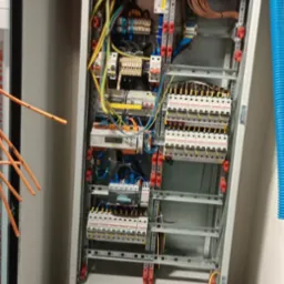 Otwarta szafa elektryczna z widocznymi bezpiecznikami, przewodami i listwami zaciskowymi, z pomarańczowymi kablami wystającymi z lewej strony i niebieską rurą karbowaną po prawej stronie.