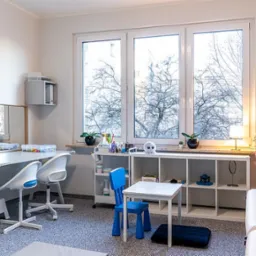 Jasny gabinet logopedyczny z biurkiem, lustrem, pomocami dydaktycznymi i oknem z widokiem na drzewa bez liści. Dodatkowe małe biurko i krzesło dla dziecka.