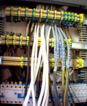 Rozdzielnica elektryczna z licznymi przewodami oznaczonymi etykietami, uporządkowanymi w pionowe wiązki, zamocowanymi na listwach zaciskowych z żółto-niebieskimi elementami.