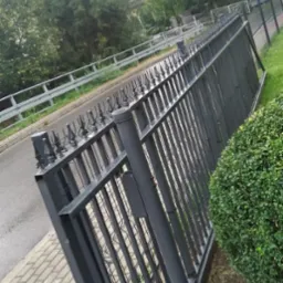 Metalowe ogrodzenie z ozdobnymi grotami, oddzielające chodnik z kostki brukowej od jezdni, z zielenią w tle.