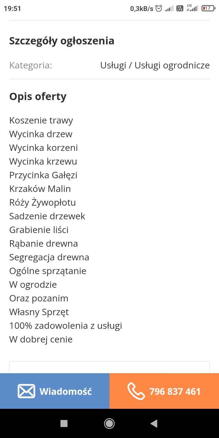 Zrzut ekranu telefonu prezentujący opis oferty usług ogrodniczych, w tym koszenie trawy, wycinka drzew, sadzenie drzewek, grabienie liści i inne prace ogrodowe.