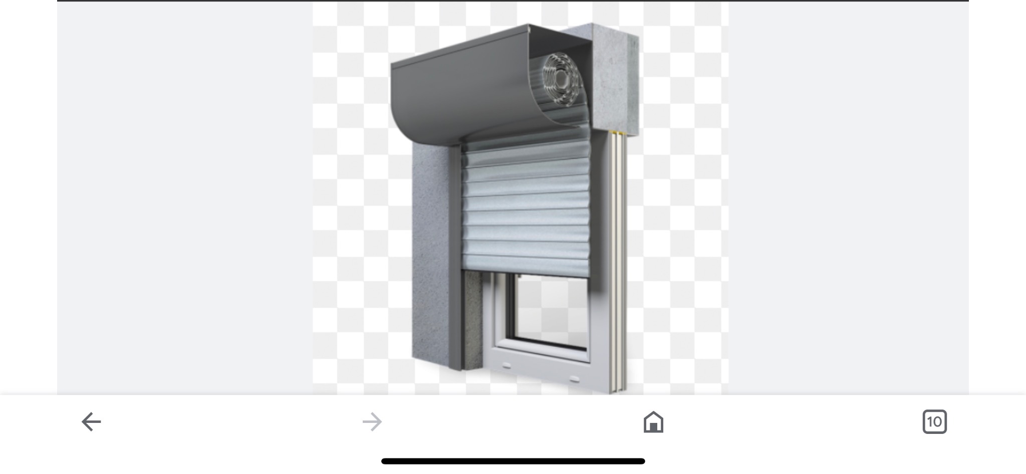 Szary system rolet zewnętrznych z widocznym mechanizmem zwijającym, zamontowany na oknie w ścianie z szorstkiego betonu.