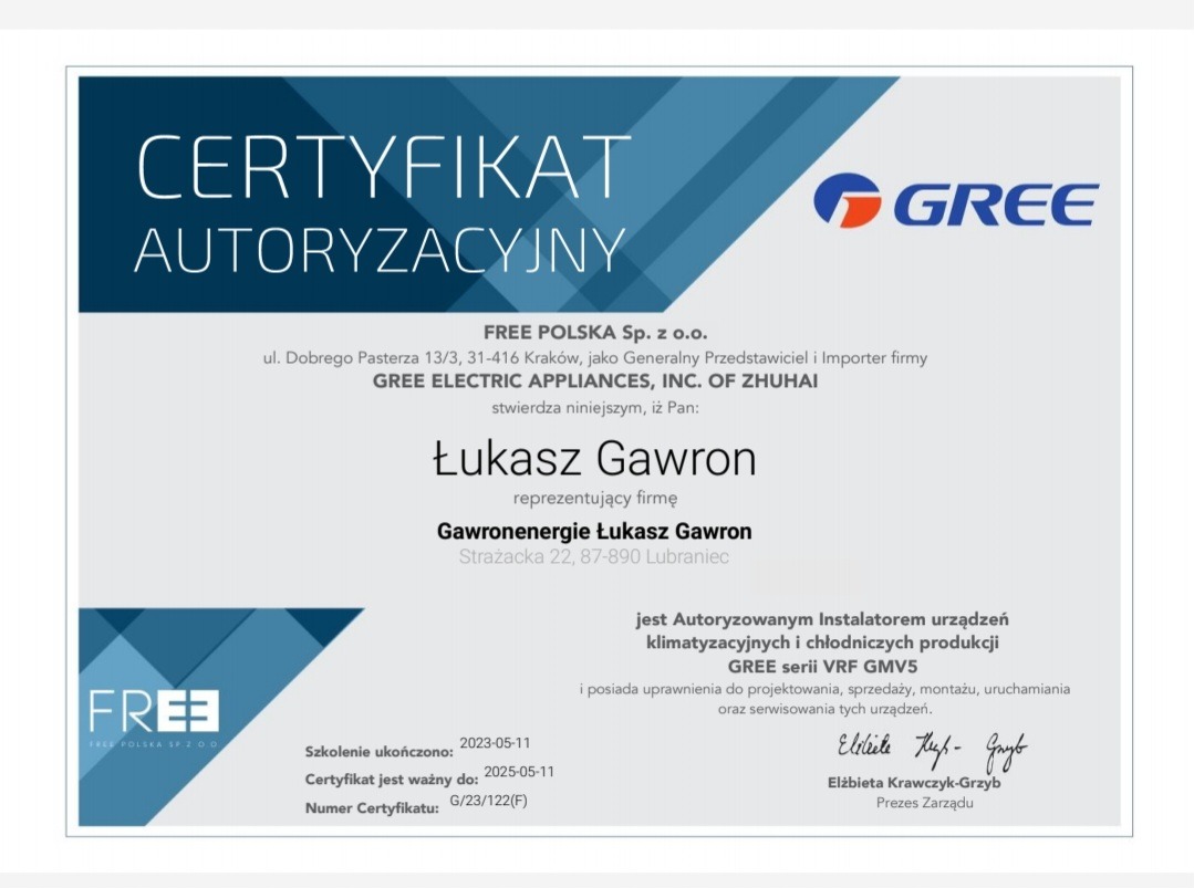 Skan certyfikatu autoryzacyjnego dla Łukasza Gawrona, uprawniającego do instalacji i serwisowania urządzeń klimatyzacyjnych GREE serii VRF GMV5, wydany przez Free Polska Sp. z o.o.