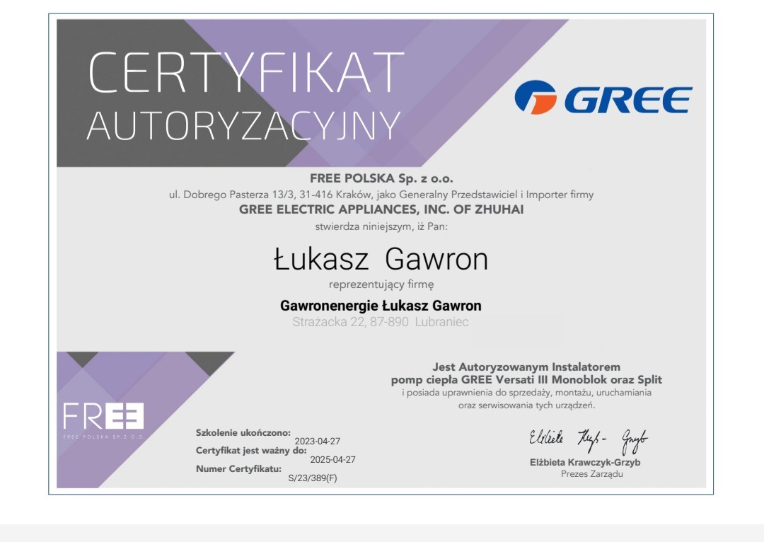Certyfikat autoryzacyjny firmy Gawronenergie Łukasz Gawron z Lubrańca, potwierdzający uprawnienia do instalacji, sprzedaży i serwisu pomp ciepła GREE Versati III Monoblok oraz Split.
