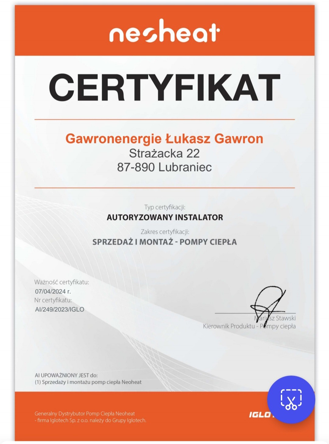 Certyfikat autoryzowanego instalatora pomp ciepła firmy Neoheat dla Gawronenergie Łukasz Gawron, potwierdzający uprawnienia do sprzedaży i montażu.