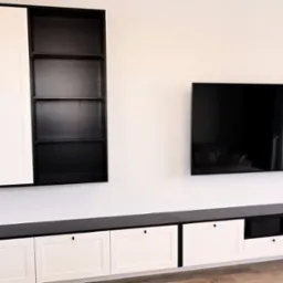 Nowoczesna zabudowa ściany z białymi szafkami dolnymi z czarnym blatem, czarnym regałem wiszącym i telewizorem, widoczna piłeczka tenisowa w jednej z szafek.