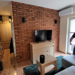 Damian Figielek - Salon z ceglaną ścianą, oświetleniem punktowym, telewizorem na komodzie i jasną sofą na zielonym dywanie.