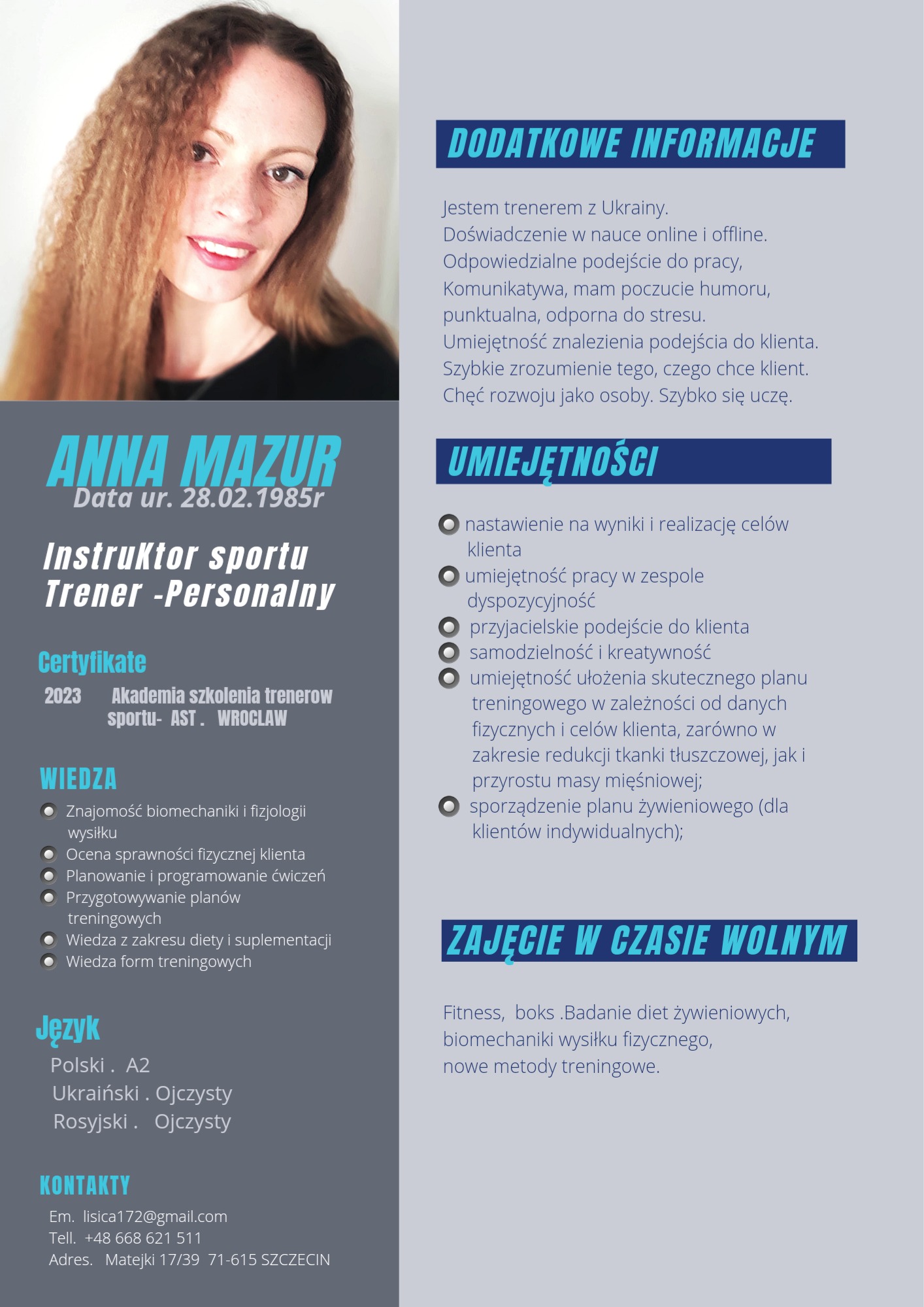 Profesjonalne CV instruktora sportu z Ukrainy, Anny Mazur, z informacjami o doświadczeniu, umiejętnościach, wiedzy i certyfikatach, zawierające zdjęcie portretowe.