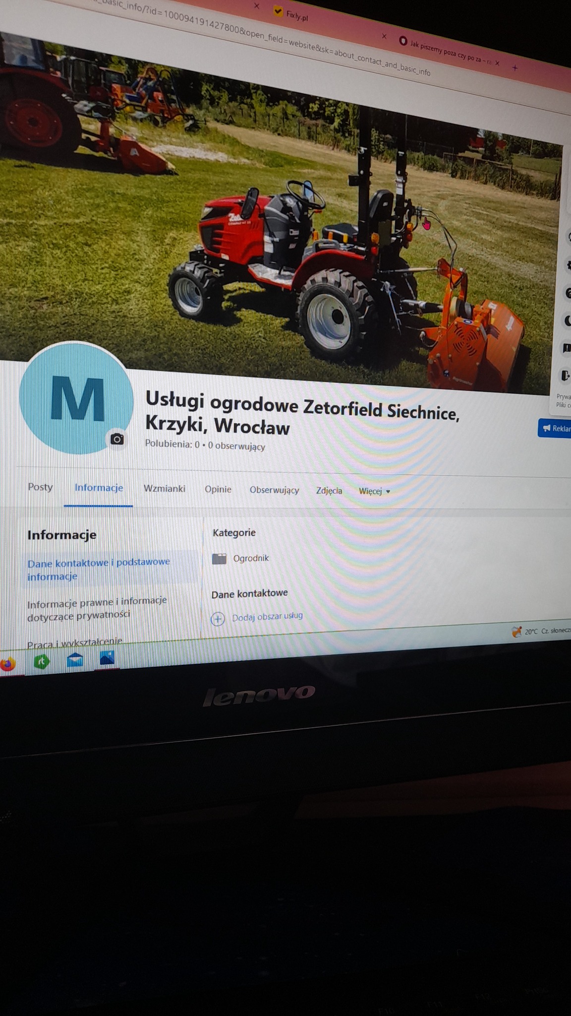 Zdjęcie ekranu komputera przedstawiające profil firmy ogrodniczej na Facebooku, z widocznym logiem firmy, nazwą 'Usługi ogrodowe Zetorfield Siechnice, Krzyki, Wrocław', zdjęciem ciągnika z kosiarką...