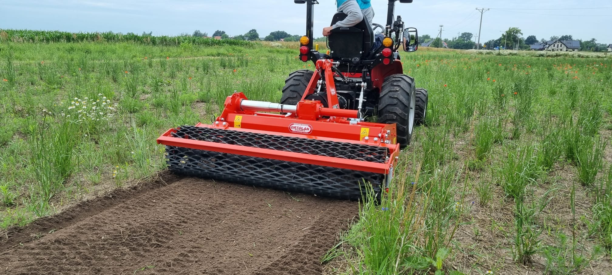 Czerwony traktor z wałem ugniatającym glebę, widok z tyłu, świeżo przygotowany pas ziemi na tle łąki z polnymi kwiatami i zabudowaniami w oddali.