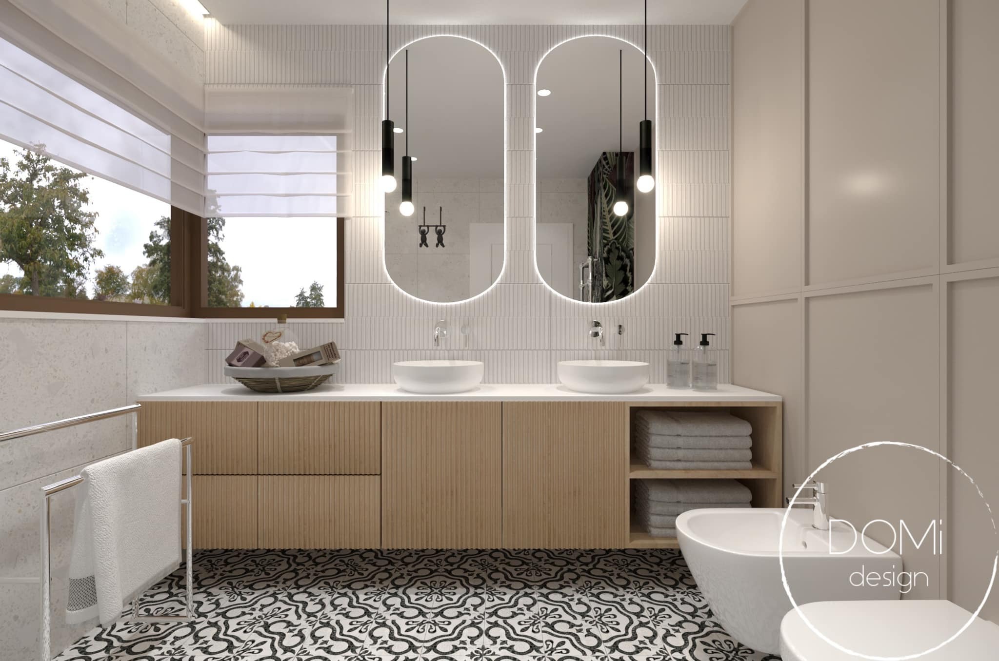Wizualizacja nowoczesnej łazienki z dwoma umywalkami nablatowymi, lustrami z podświetleniem LED, drewnianą szafką pod umywalkami, czarno-białą wzorzystą podłogą i beżowymi ścianami.