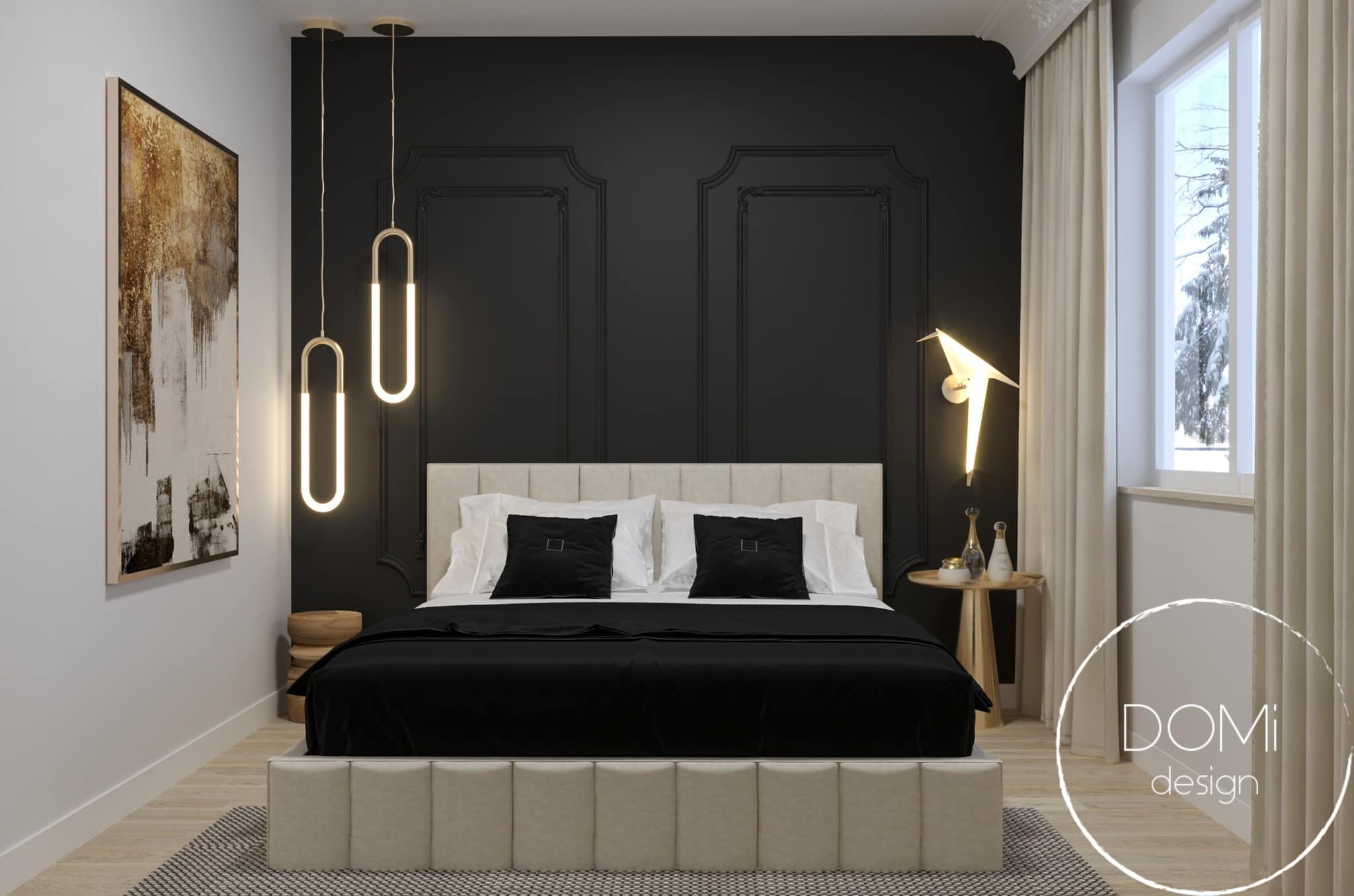 Elegancka sypialnia w odcieniach beżu i czerni z dekoracyjną czarną ścianą, nowoczesnymi lampami wiszącymi i obrazem w złotych tonacjach, oświetlona lampką w kształcie ptaka i z widokiem na zimowy...