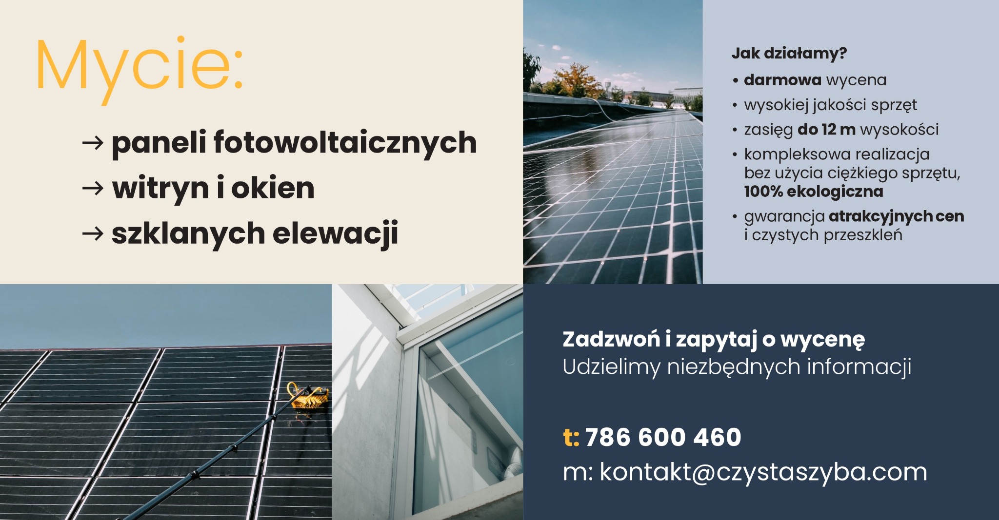 Czyszczenie paneli fotowoltaicznych za pomocą szczotki na teleskopowym wysięgniku, fragment umytej witryny okiennej, informacja o darmowej wycenie i ekologicznym sprzęcie.