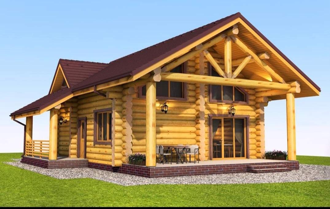 Wizualizacja dwukondygnacyjnego domu z bali z brązowym dachem, kolumnami podtrzymującymi okap i oświetleniem zewnętrznym, otoczonego zielonym trawnikiem.