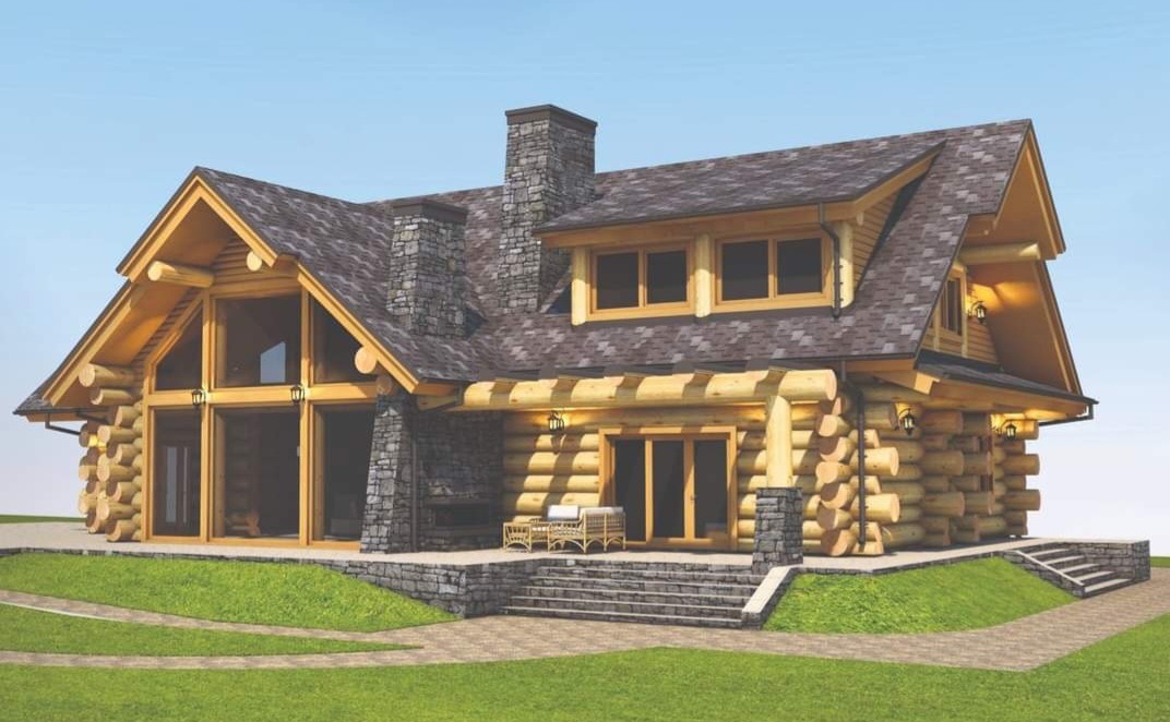 Wizualizacja dwukondygnacyjnego domu z bali z kamiennym kominem, dużymi przeszkleniami i zadaszonym tarasem z meblami ogrodowymi.