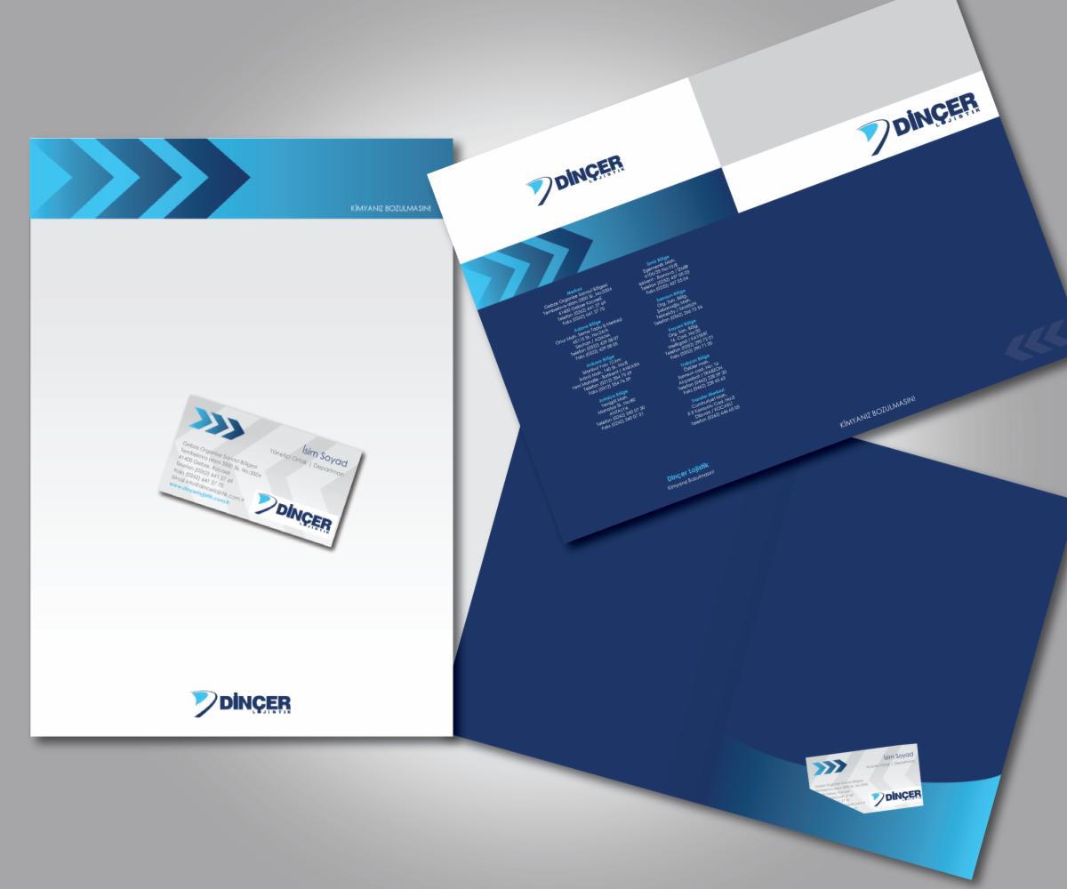 Komplet materiałów firmowych: papier firmowy, wizytówka i teczka z logo Dincer, utrzymane w kolorystyce bieli i granatu z motywem strzałek.