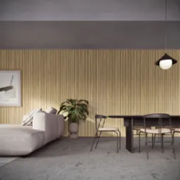 Jasna, pionowa boazeria drewniana na ścianie w minimalistycznym wnętrzu z szarą sofą, stołem i krzesłami, oświetlonym wiszącą lampą.
