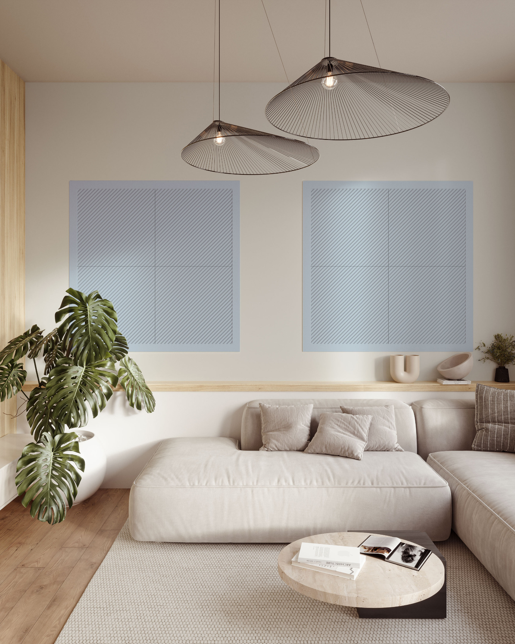 Minimalistyczny salon z panelami ściennymi o wzorze ukośnych linii, kremową sofą i drewnianą podłogą, oświetlony wiszącymi lampami o ażurowych kloszach.