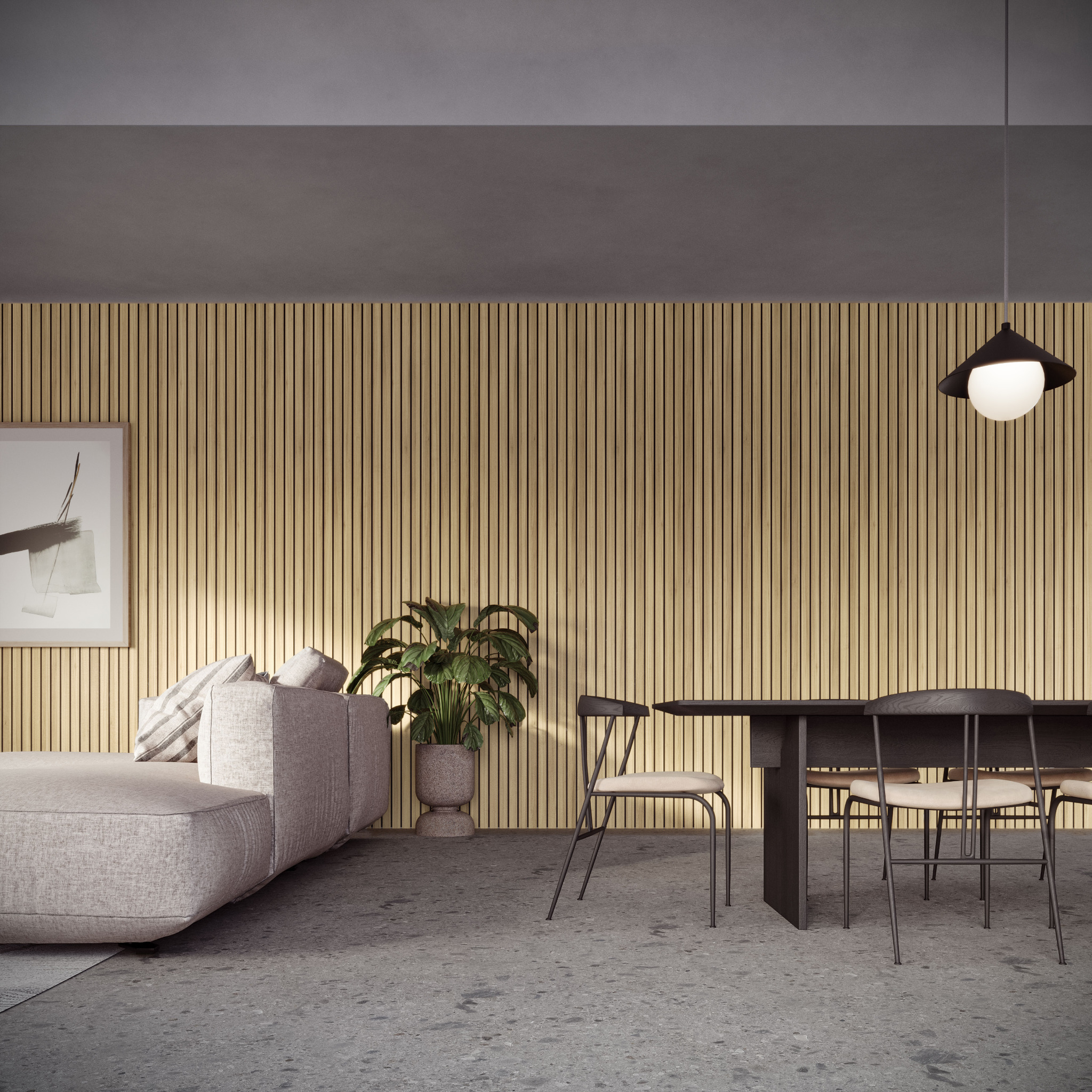 Jasna, pionowa boazeria drewniana na ścianie w minimalistycznym wnętrzu z szarą sofą, stołem i krzesłami, oświetlonym wiszącą lampą.