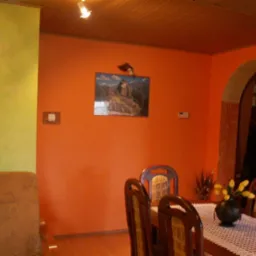 Pomarańczowa ściana w jadalni z obrazem górskim, zielona ściana po lewej, drewniane krzesła z żółtymi akcentami i stół przykryty białym obrusem z koronką, na stole wazon z żółtymi tulipanami.