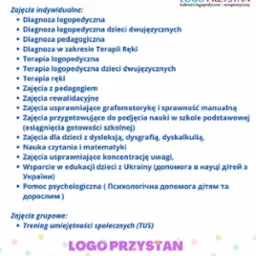 Plakat reklamowy gabinetu logopedyczno-terapeutycznego we Wrocławiu, oferującego diagnozę i terapię logopedyczną, pedagogiczną, rewalidacyjną, zajęcia usprawniające grafomotorykę, przygotowujące...