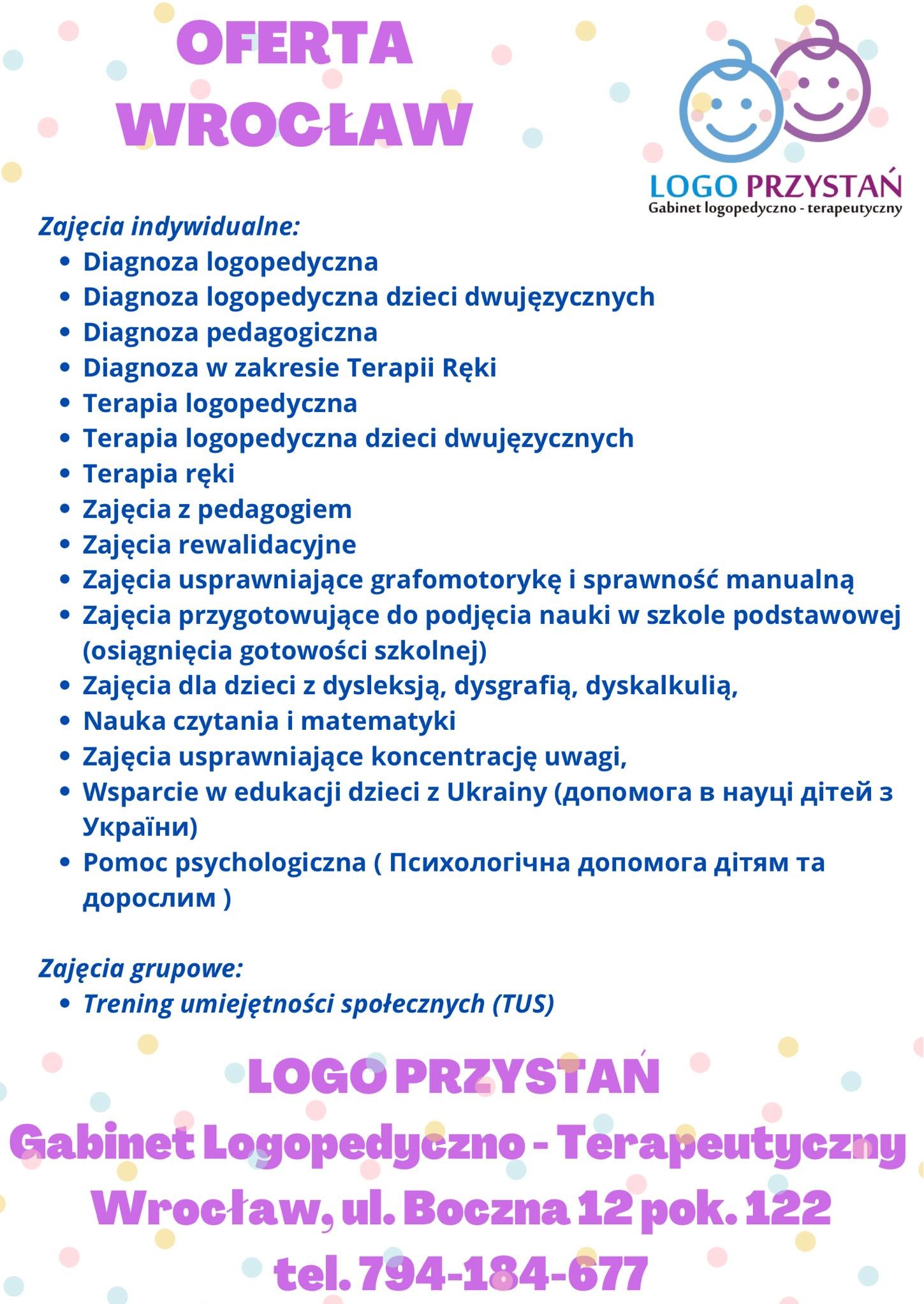 Plakat reklamowy gabinetu logopedyczno-terapeutycznego we Wrocławiu, oferującego diagnozę i terapię logopedyczną, pedagogiczną, rewalidacyjną, zajęcia usprawniające grafomotorykę, przygotowujące...