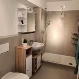 Nowoczesna łazienka z kabiną prysznicową typu walk-in, umywalką nablatową na szafce z drewnianymi elementami, wiszącą szafką z lustrem i flakonem perfum CK, oraz podwieszaną toaletą.