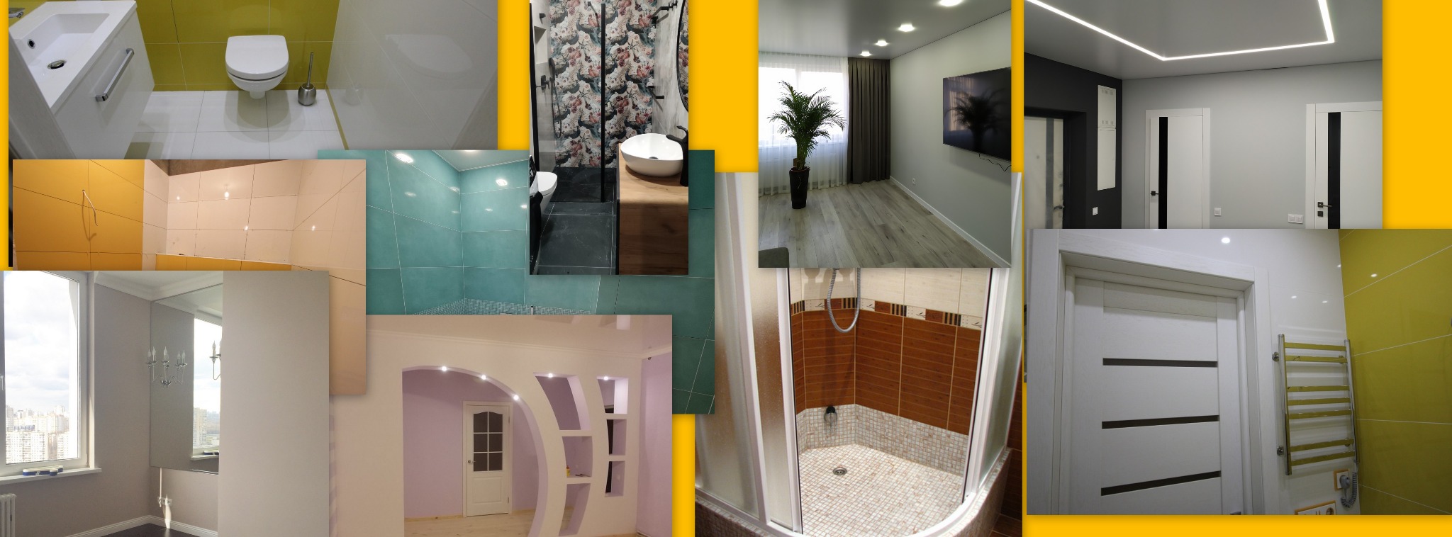 Mozaika różnych aranżacji wnętrz: łazienki z żółtymi i turkusowymi płytkami, kabina prysznicowa z brązowymi akcentami, salon z dużym oknem i widokiem na miasto, pokój z podwieszanym sufitem...