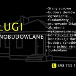 Grafika reklamowa firmy budowlanej KES-BUD, oferującej usługi ogólnobudowlane, w tym fundamenty, murowanie ścian, zbrojenia i konstrukcje żelbetowe, z numerem telefonu kontaktowym.