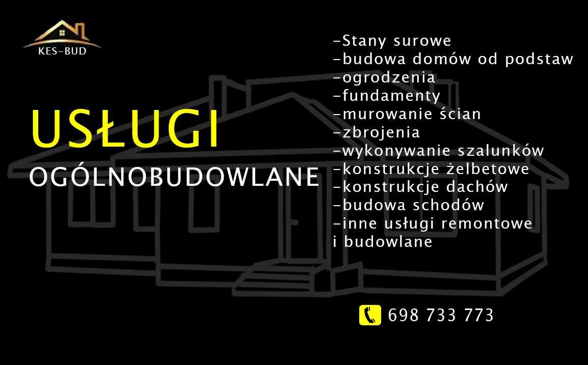 Grafika reklamowa firmy budowlanej KES-BUD, oferującej usługi ogólnobudowlane, w tym fundamenty, murowanie ścian, zbrojenia i konstrukcje żelbetowe, z numerem telefonu kontaktowym.