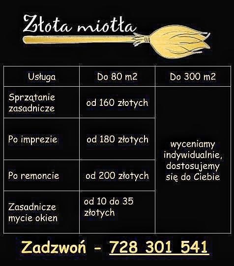Grafika z tabelą cennika usług sprzątania, w tym sprzątanie zasadnicze, po imprezie, po remoncie, oraz mycie okien, z ilustracją złotej miotły na górze i numerem telefonu na dole.