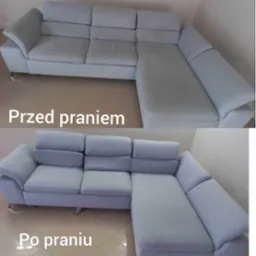 Porównanie stanu narożnika tapicerowanego przed i po czyszczeniu, ukazujące różnicę w odcieniu i świeżości materiału.