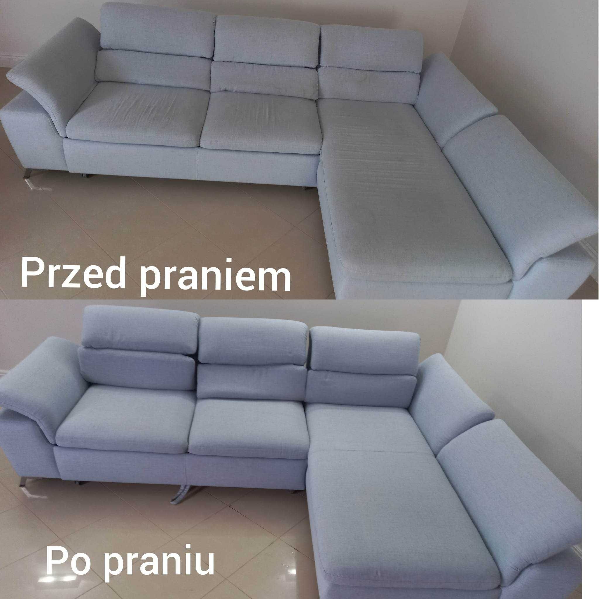 Porównanie stanu narożnika tapicerowanego przed i po czyszczeniu, ukazujące różnicę w odcieniu i świeżości materiału.