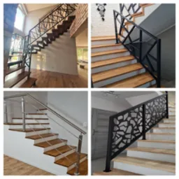 Kolaż czterech zdjęć prezentujących różne style schodów z metalowymi balustradami: geometryczna czarna balustrada z drewnianymi stopniami, ażurowa czarna balustrada z jasnymi stopniami, prosta...