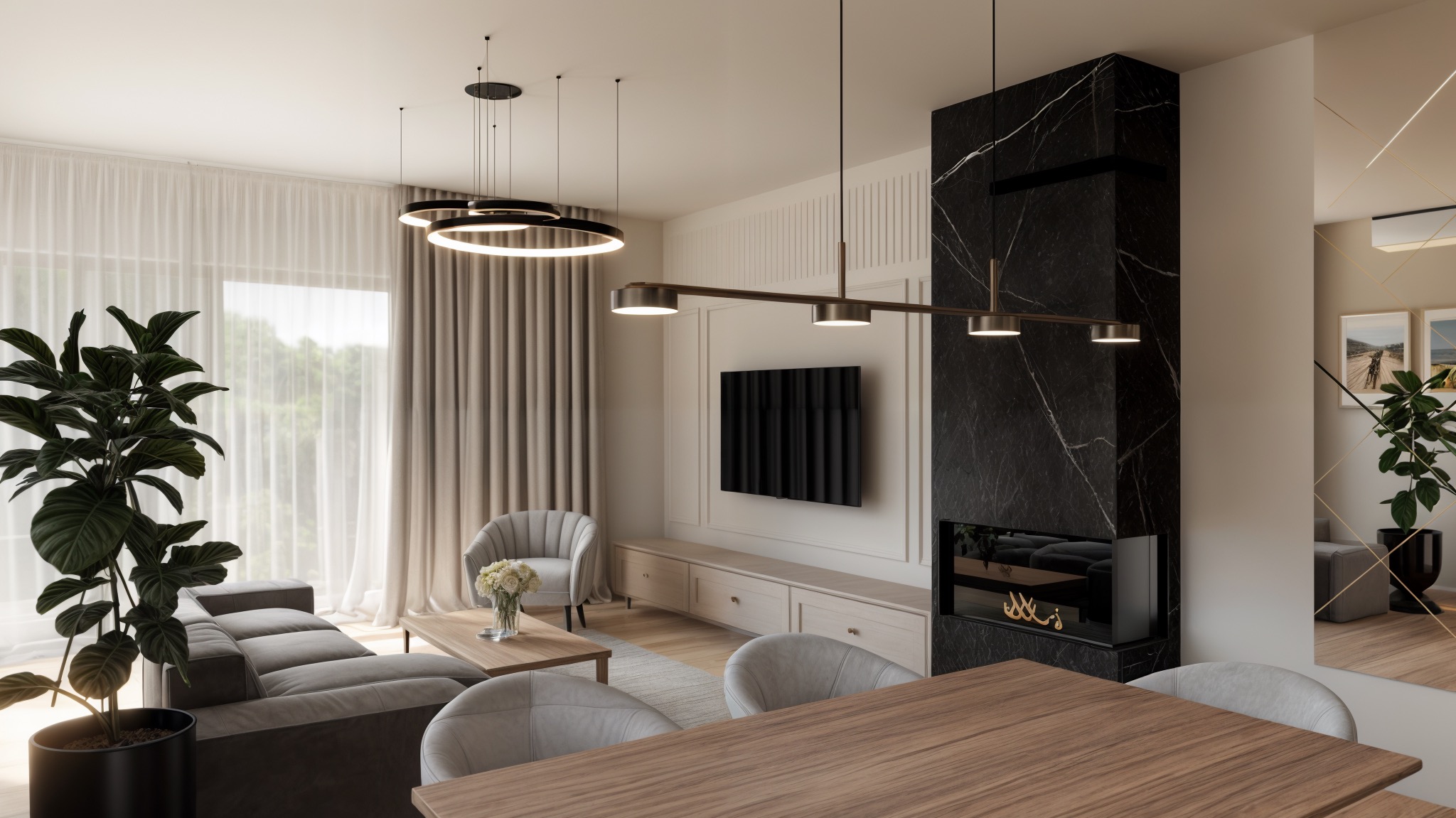 Nowoczesny salon z marmurowym kominkiem, minimalistycznym oświetleniem i szarą sofą, widok z perspektywy stołu jadalnego