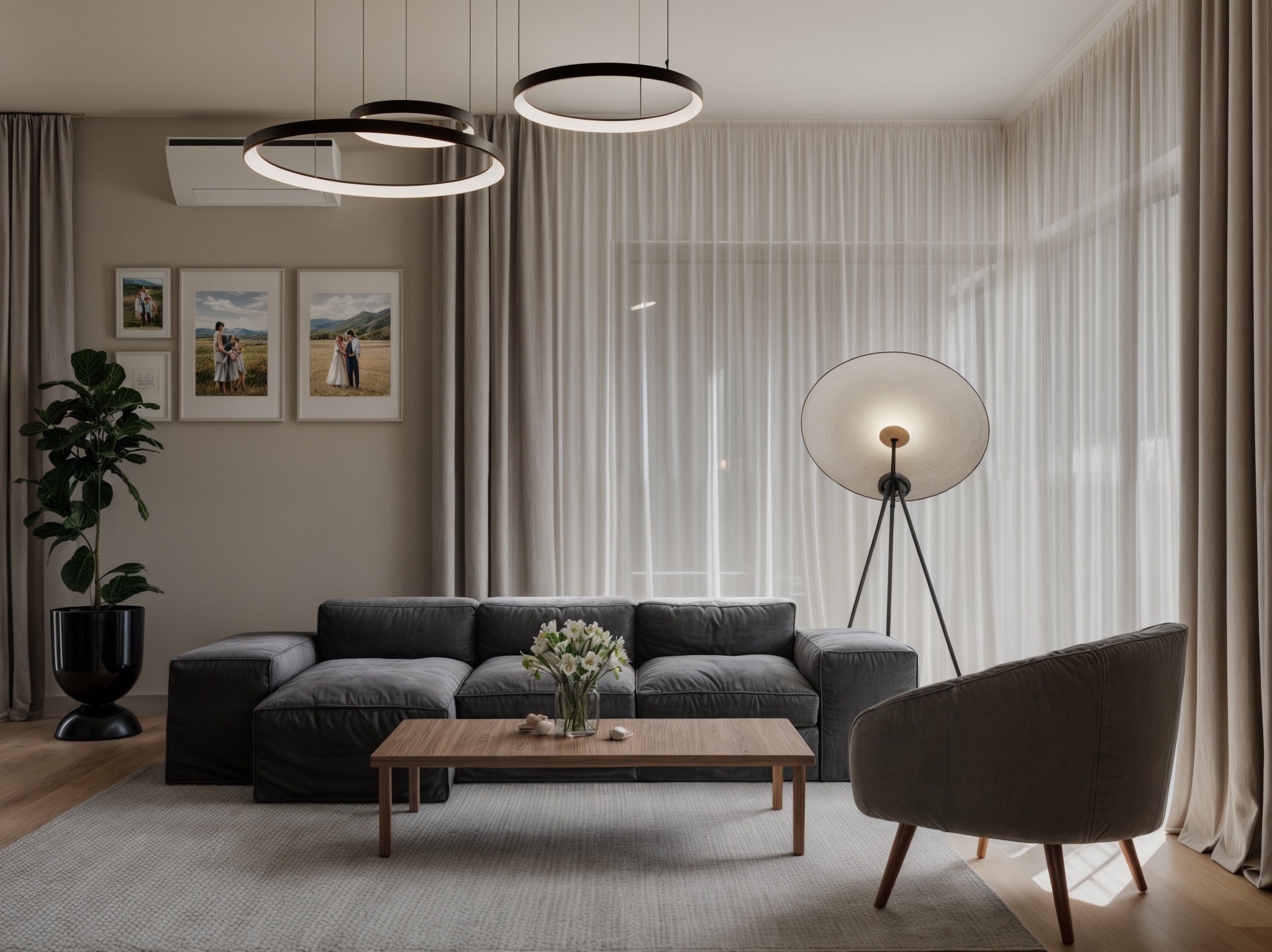 Nowoczesny salon z szarą sofą, drewnianym stolikiem kawowym z bukietem białych kwiatów, okrągłymi lampami wiszącymi, lampą podłogową na trójnogu i galerią rodzinnych zdjęć na ścianie.
