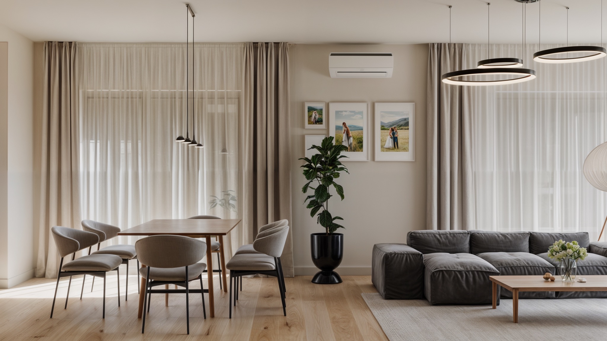 Jasne, przestronne wnętrze: stół jadalny z krzesłami, szara sofa modułowa, wiszące lampy pierścieniowe, zdjęcia w ramkach na ścianie, duża roślina w czarnej donicy, drewniana podłoga.