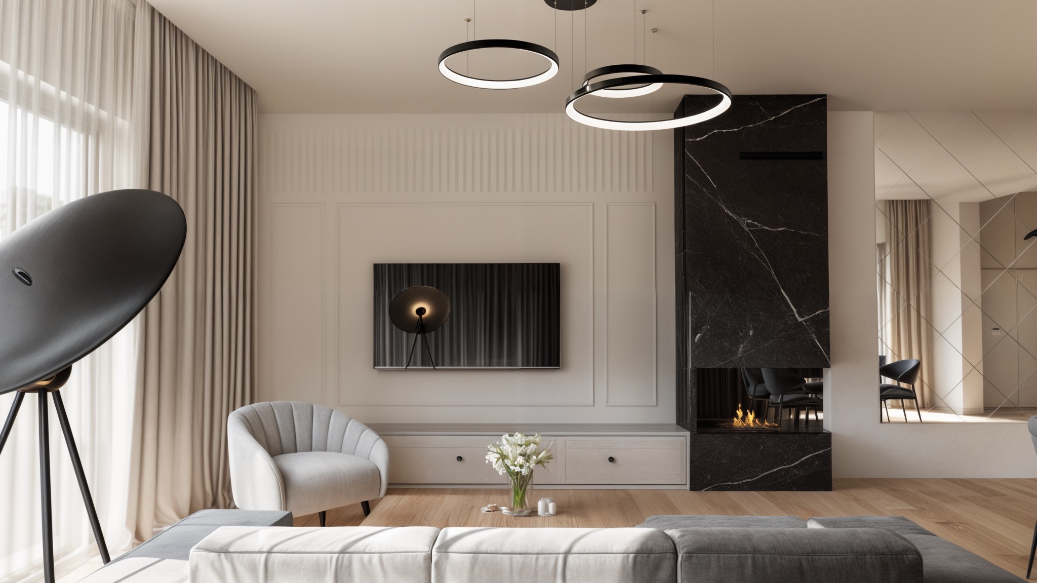 Elegancki salon w Dziewinie z kominkiem z czarnego marmuru, okrągłymi lampami sufitowymi, szarą sofą i fotelem oraz telewizorem z abstrakcyjnym obrazem.