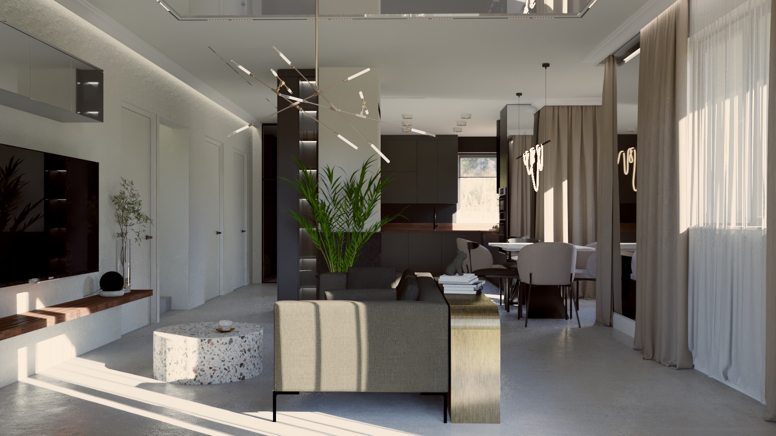 Nowoczesne wnętrze mieszkania z szarą sofą, stolikiem z lastryko i dużą rośliną doniczkową, oświetlone światłem słonecznym wpadającym przez okno.