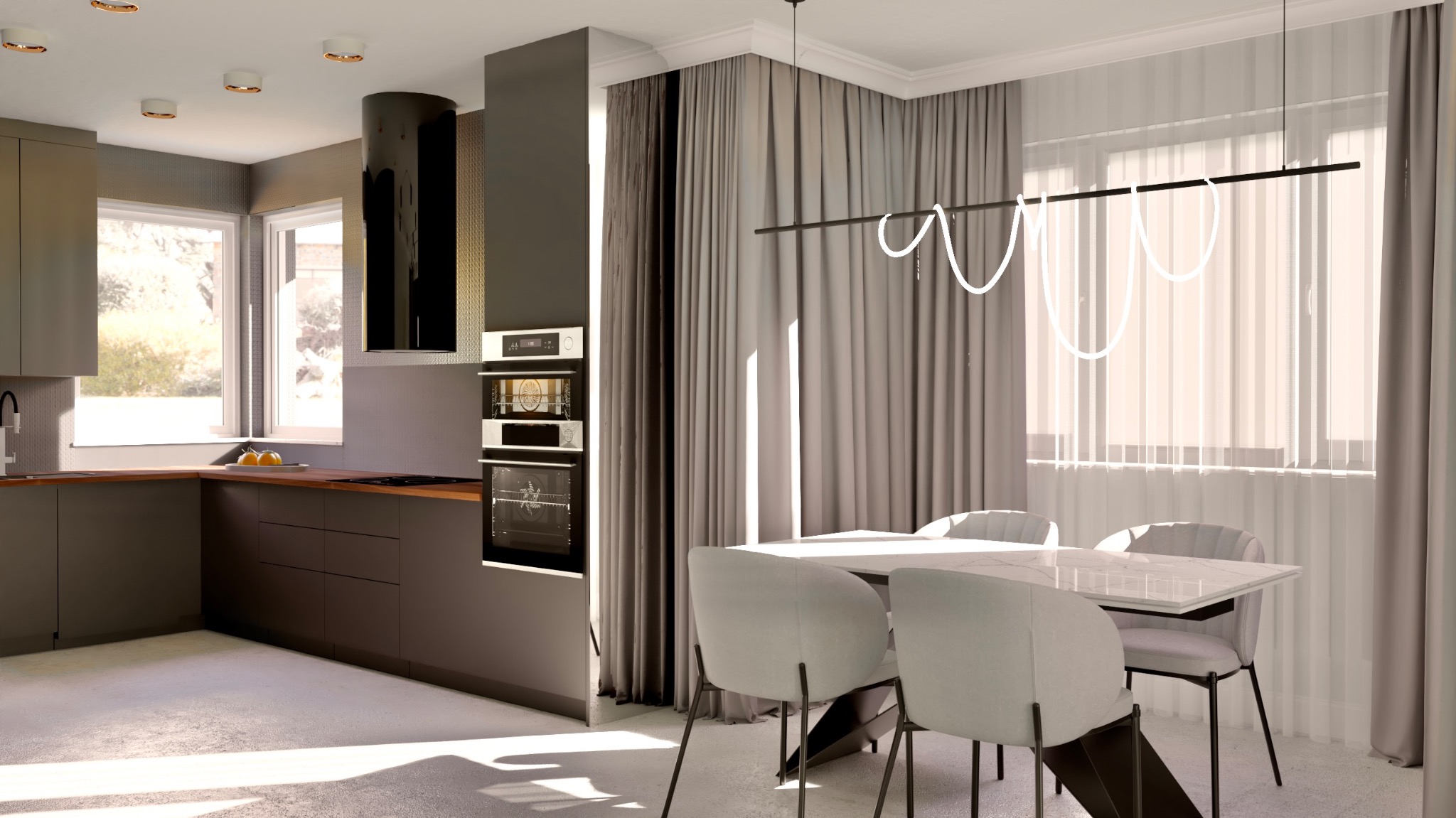 Nowoczesna kuchnia z jadalnią w odcieniach szarości, z czarnym okapem i designerską lampą nad białym stołem z krzesłami.
