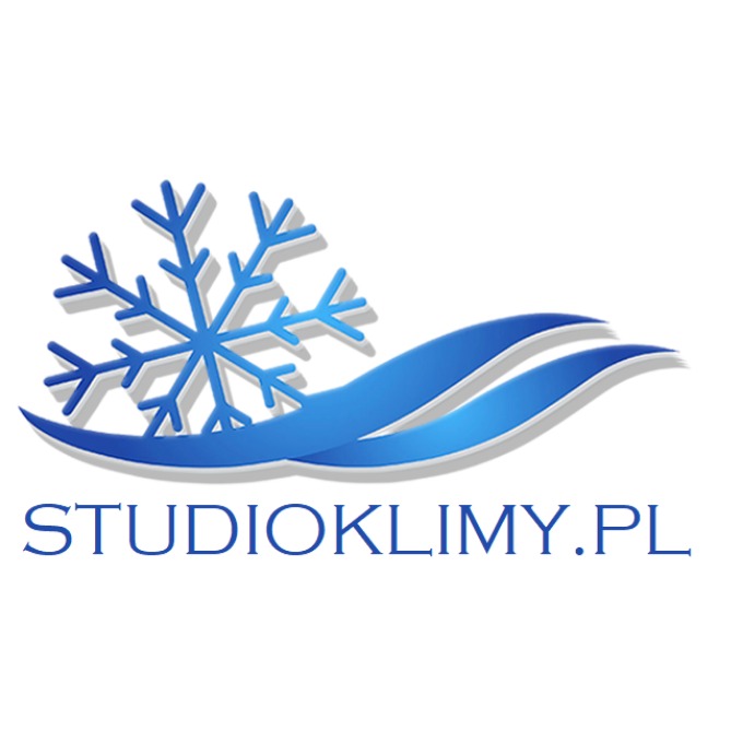Logo firmy StudioKlimy.pl: stylizowana niebieska śnieżynka i fale symbolizujące chłodne powietrze, nazwa firmy poniżej.