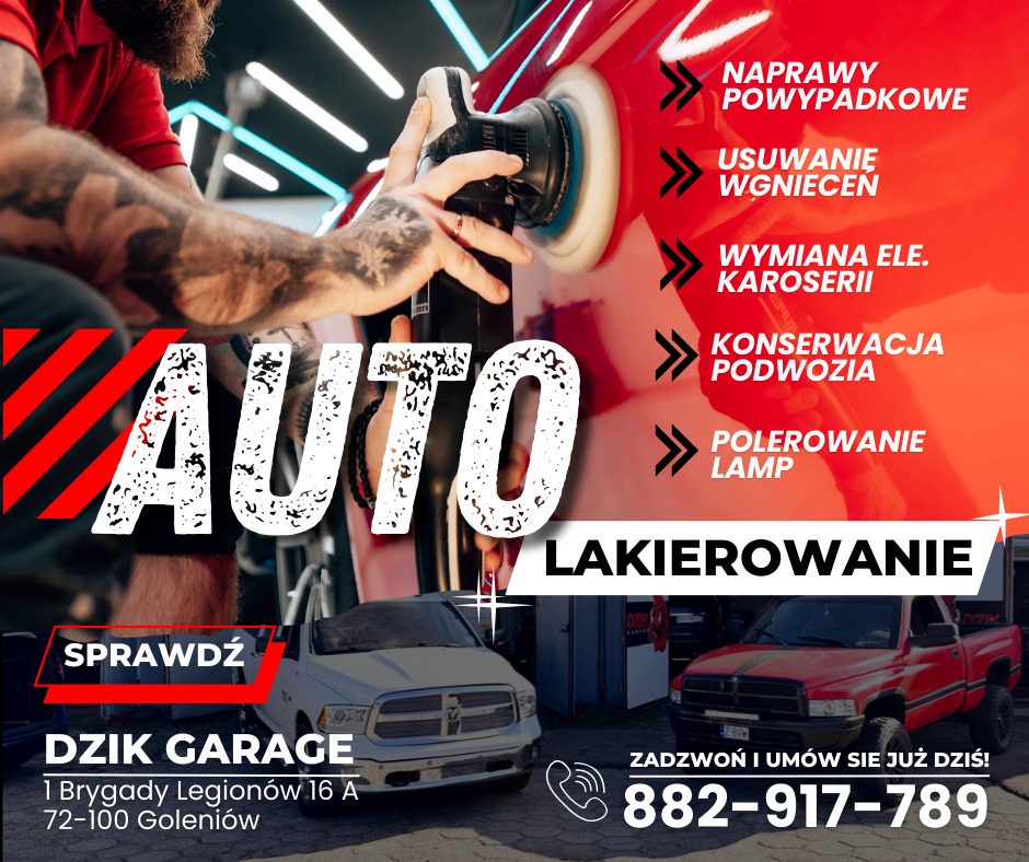 Polerowanie karoserii czerwonego auta w warsztacie. Widoczny fragment sylwetki mechanika z tatuażami. Reklama warsztatu samochodowego z Goleniowa.