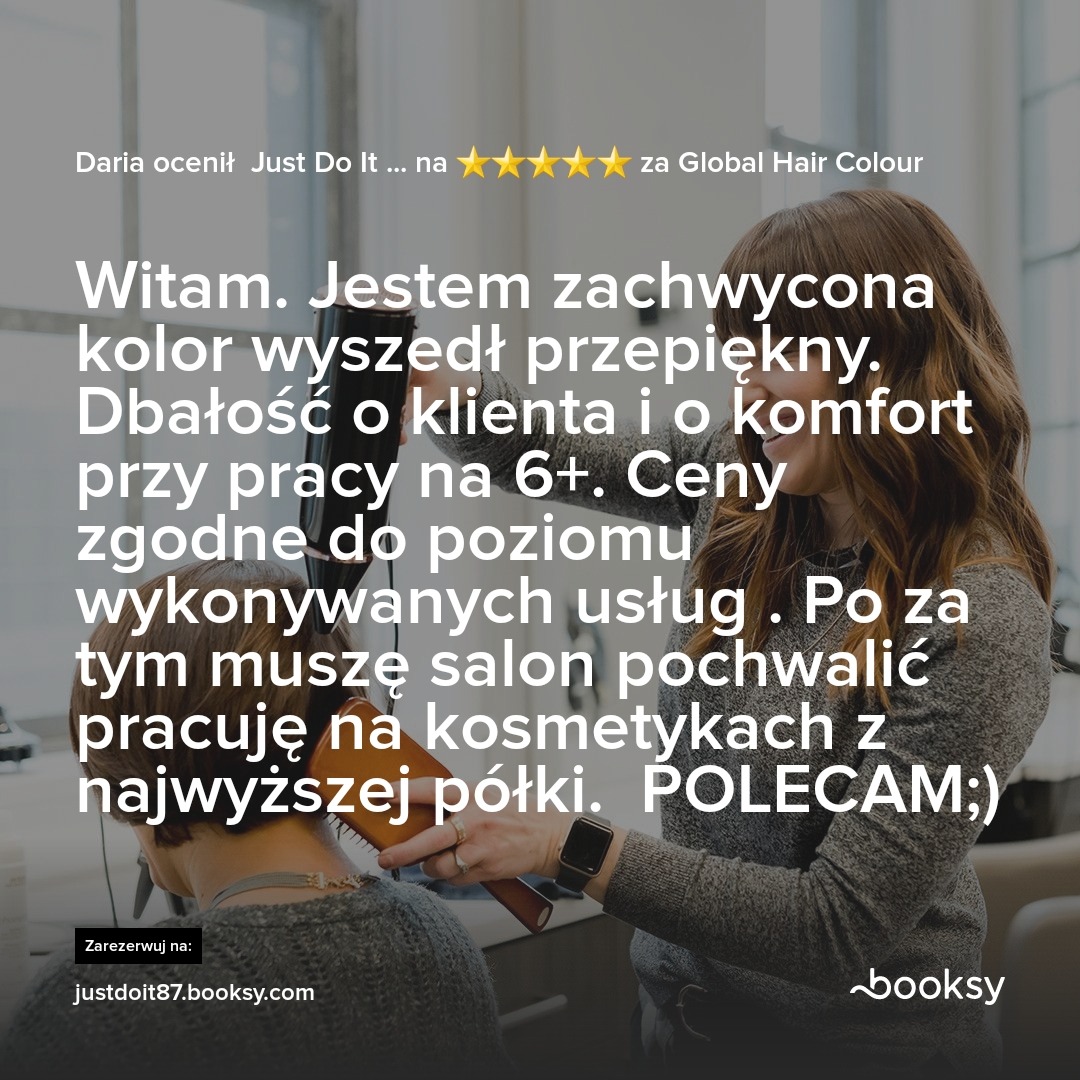Opinia klientki o salonie fryzjerskim Global Hair Colour, z tekstem chwalącym kolor włosów i komfort pracy, oraz pięcioma gwiazdkami oceny.