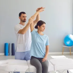 Fizjoterapeuta w białym uniformie delikatnie unosi ramię pacjentki siedzącej na białym leżaku w jasnym gabinecie, w tle widoczne półki z akcesoriami i błękitna piłka.