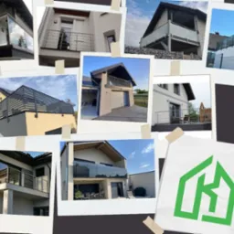 Kolaż zdjęć przedstawiających różne balkony i balustrady w domach jednorodzinnych, wykonane z różnych materiałów, w tym ze stali nierdzewnej i szkła, przyklejony taśmą do ciemnego tła, obok logo...