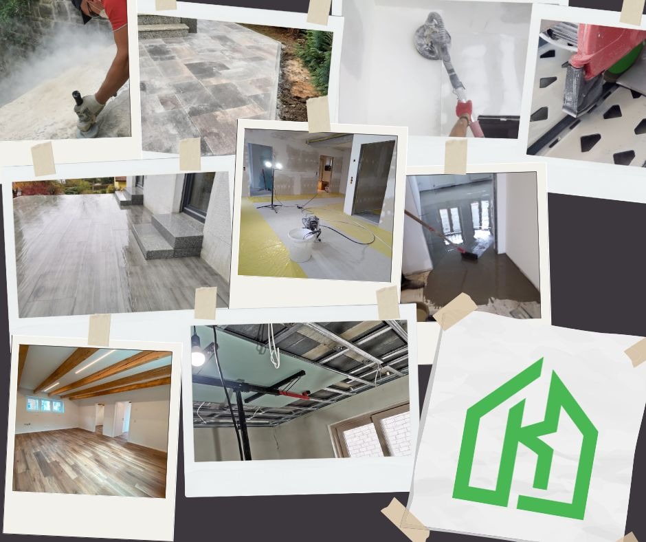 Kolaż zdjęć przedstawiających różne etapy prac budowlanych i wykończeniowych: szlifowanie posadzki, układanie kostki brukowej, montaż sufitu podwieszanego, wylewka samopoziomująca, wykończone...