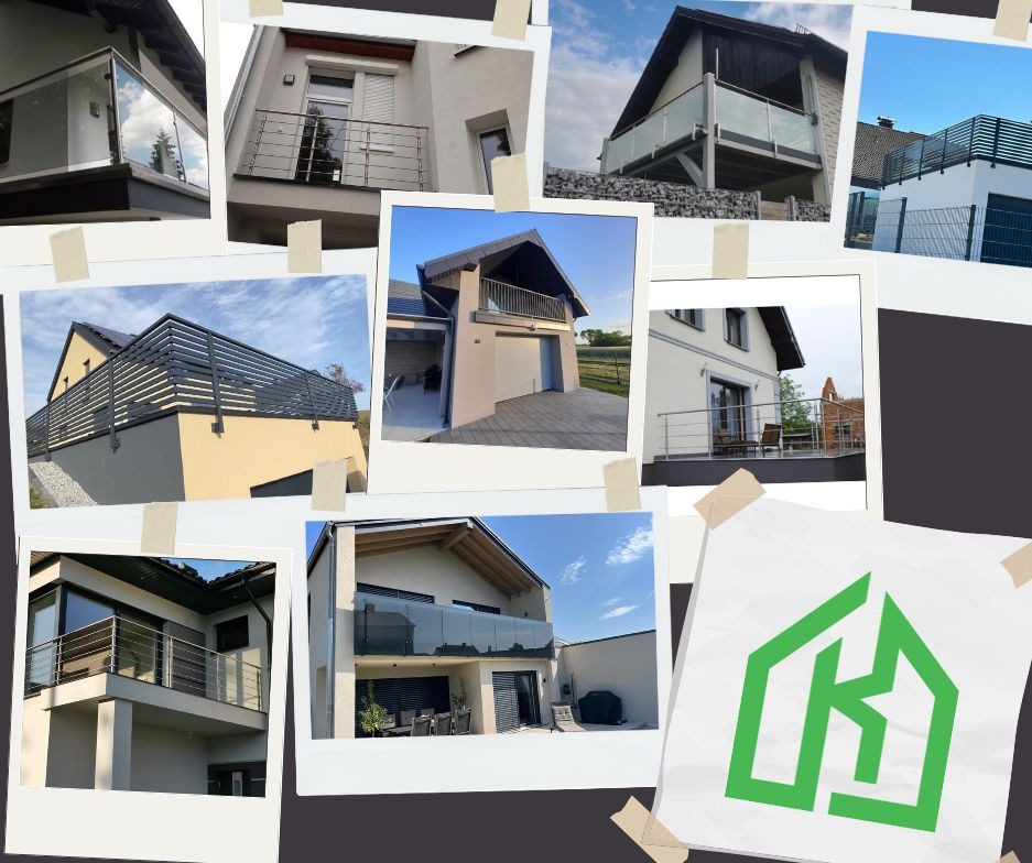Kolaż zdjęć przedstawiających różne balkony i balustrady w domach jednorodzinnych, wykonane z różnych materiałów, w tym ze stali nierdzewnej i szkła, przyklejony taśmą do ciemnego tła, obok logo...