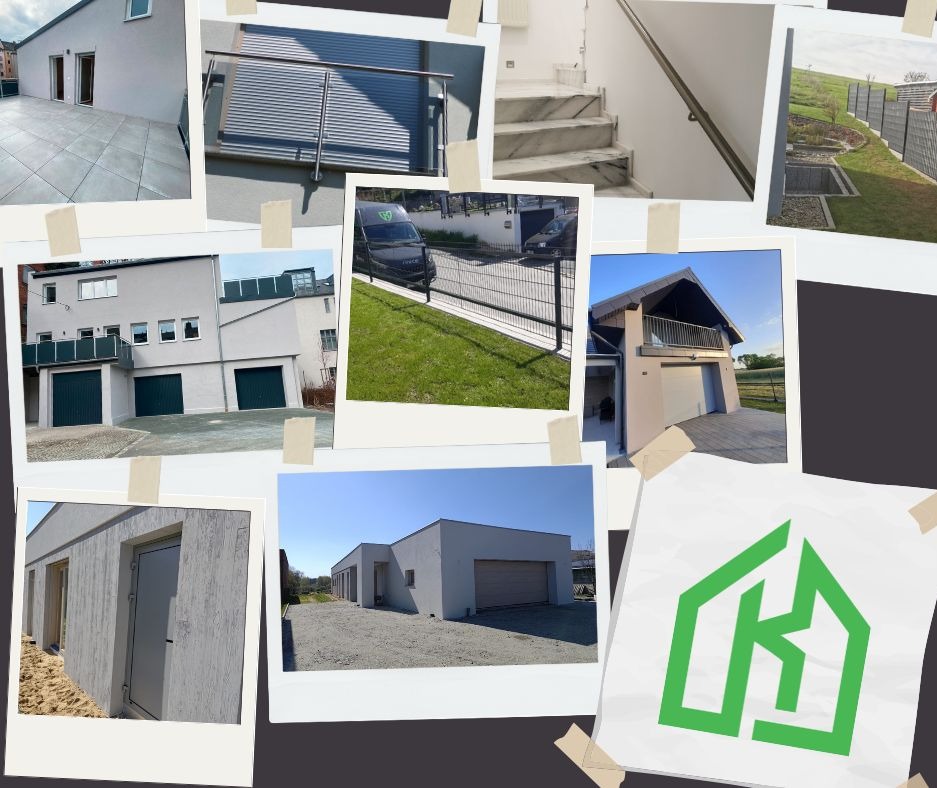 Kolaż zdjęć z realizacji różnych usług budowlanych w Bobrowej: ogrodzenia, balustrady, elewacje i logo firmy.