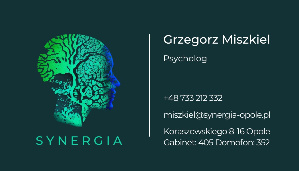 Grafika przedstawia profil głowy z korą mózgową stylizowaną na drzewo, obok dane kontaktowe Grzegorza Miszkiela, psychologa z Opola, oraz logo firmy 'Synergia'.