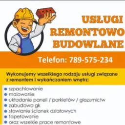 Grafika reklamowa firmy remontowo-budowlanej z uśmiechniętym murarzem w kasku trzymającym czerwoną cegłę, numerem telefonu i listą oferowanych usług wykończeniowych.